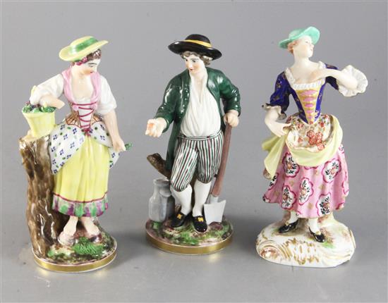 A Samson Derby figure of a lady and a pair of Paris porcelain figures